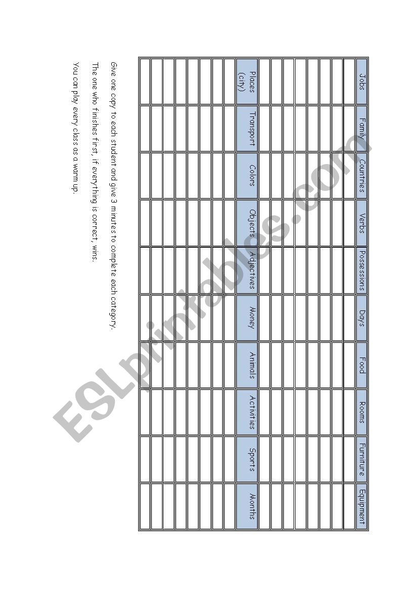 Vocabulary game (Warm up) worksheet