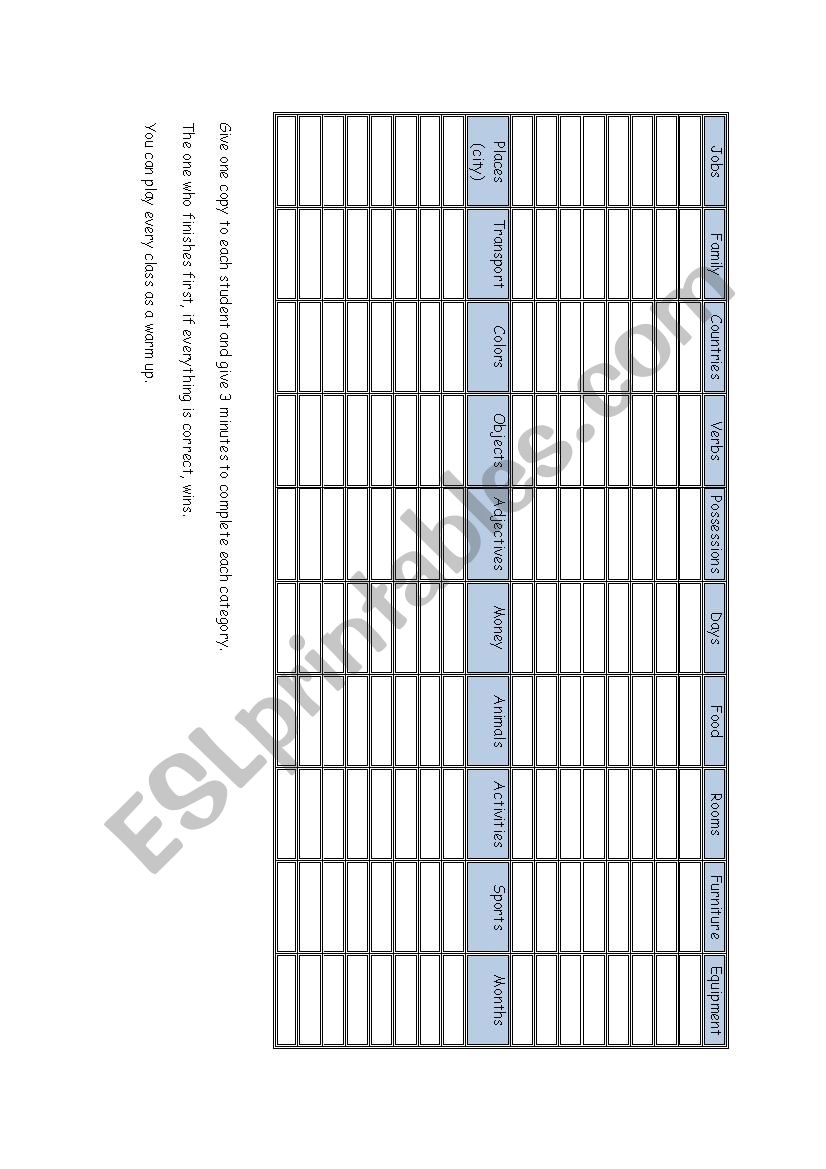 Vocabulary game (Warm up) worksheet