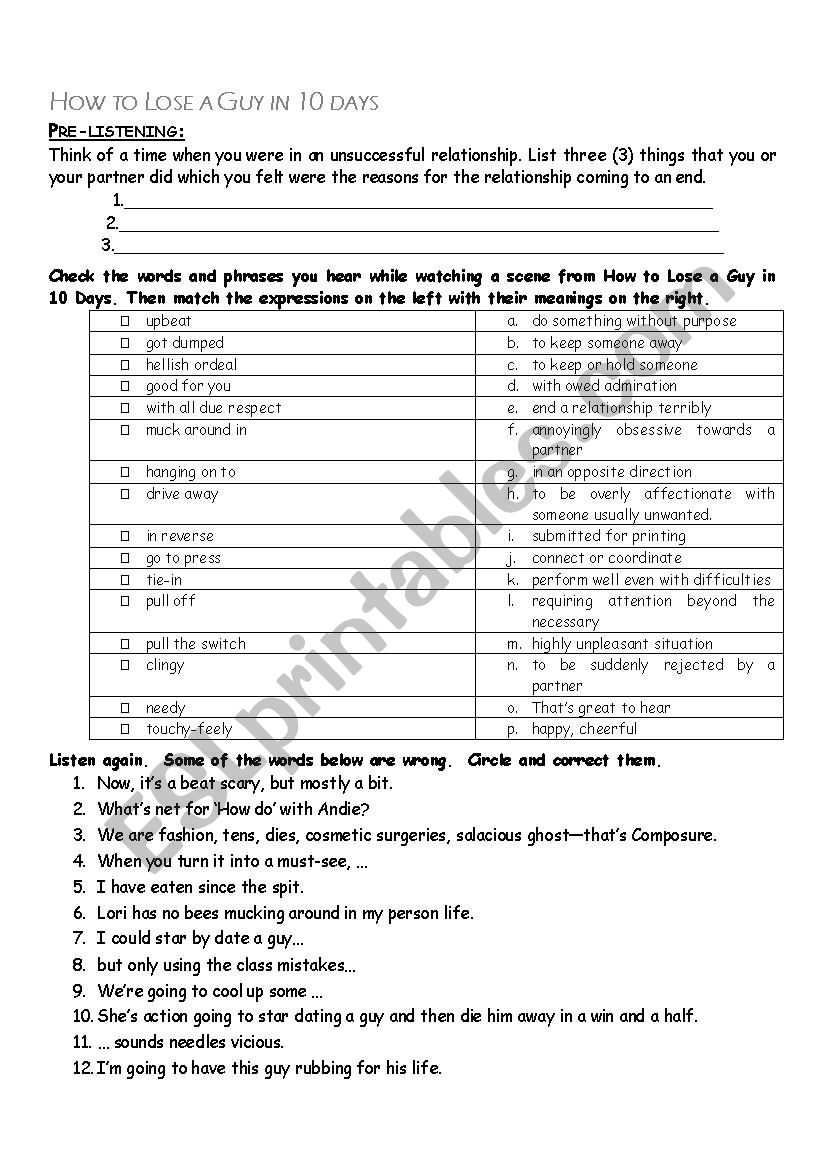 How to Lose a guy in 10 days worksheet