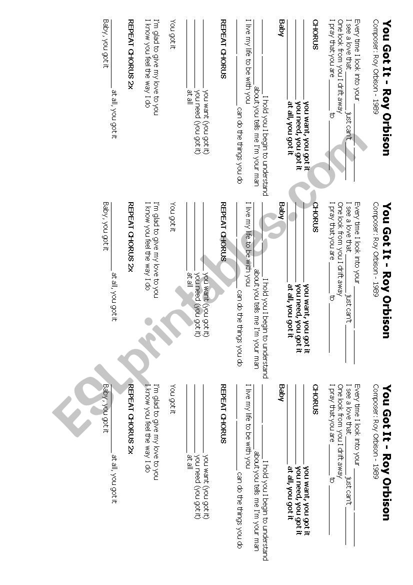 Roy Orbisons You Got It worksheet