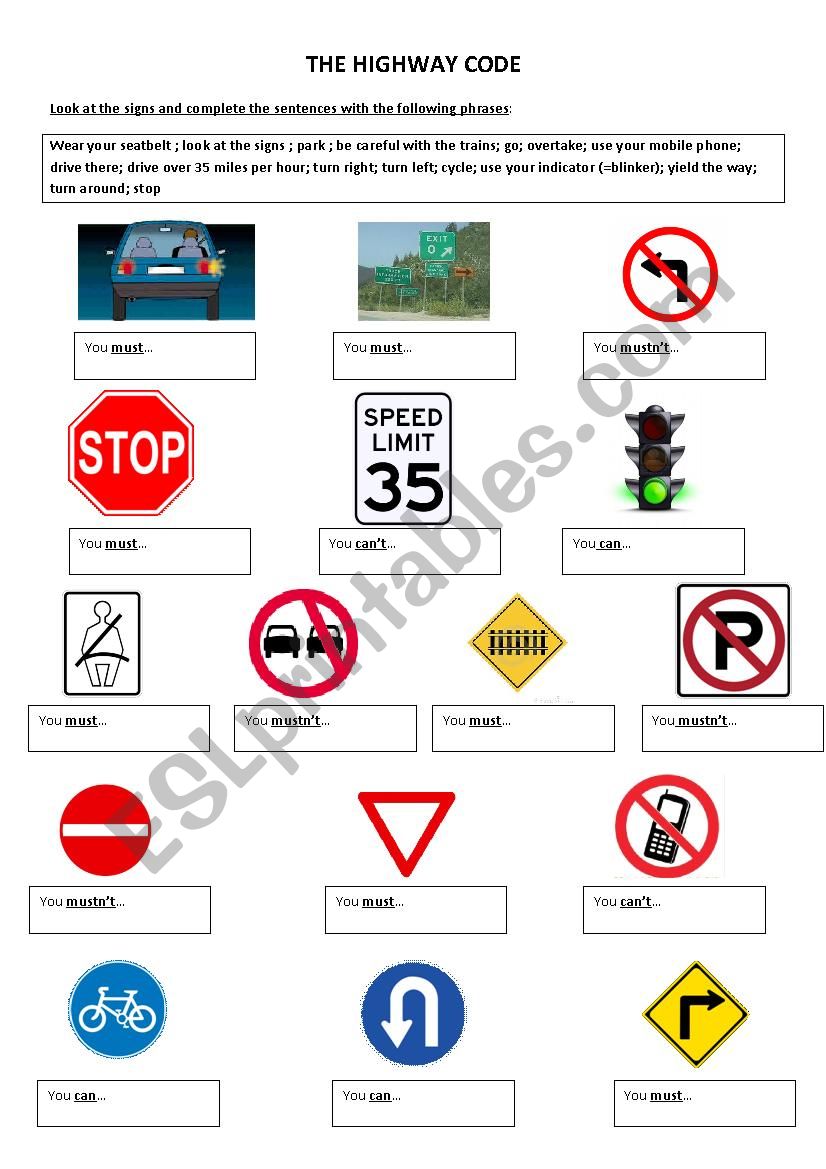 road signs worksheet