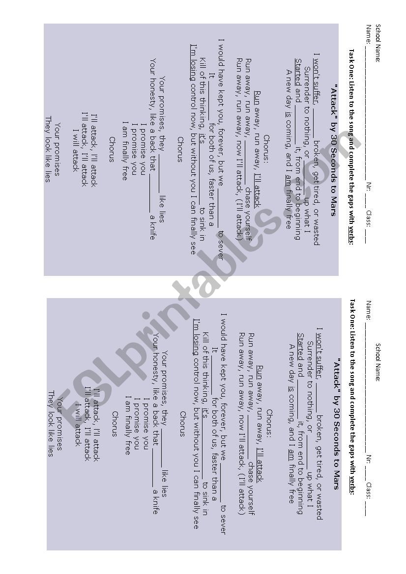 ATTACK by 30 Seconds to Mars worksheet