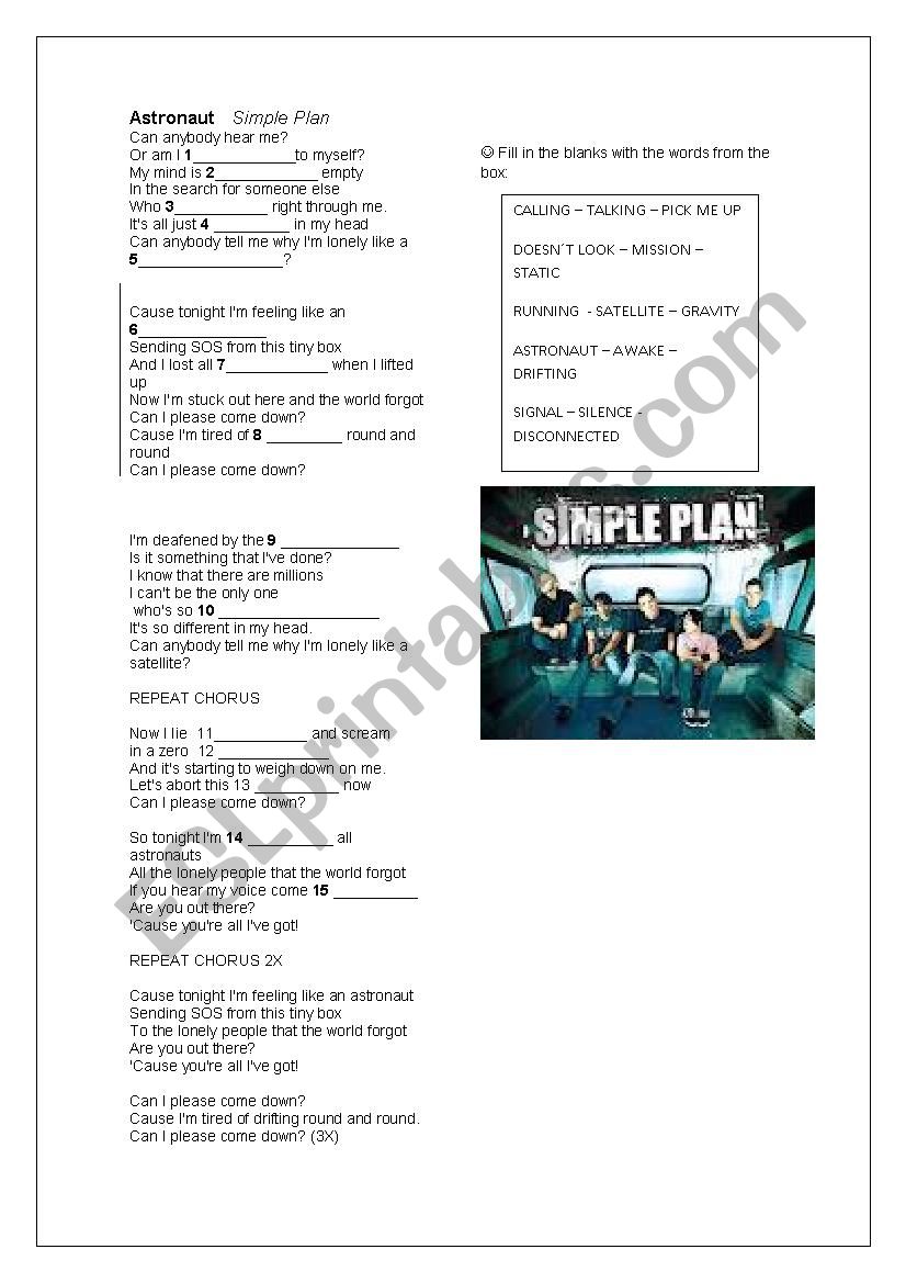 Astronaut Simple Plan Song worksheet