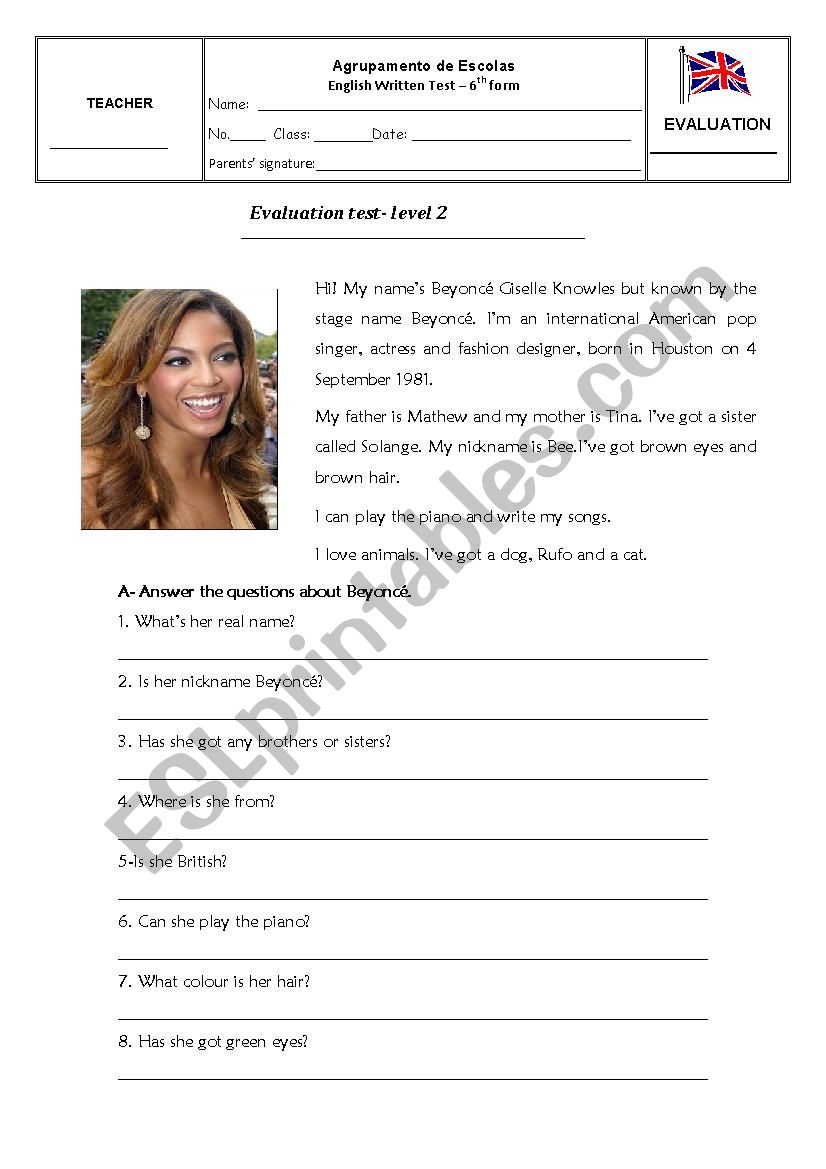 Evaluation test- 3 pages worksheet