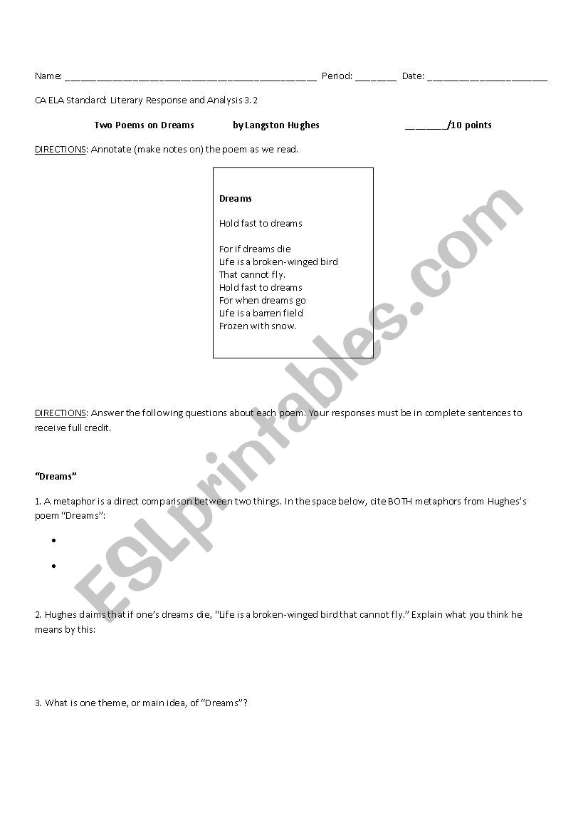 English worksheets: Langston Hughes´s "Dreams" and "Dream Deferred"
