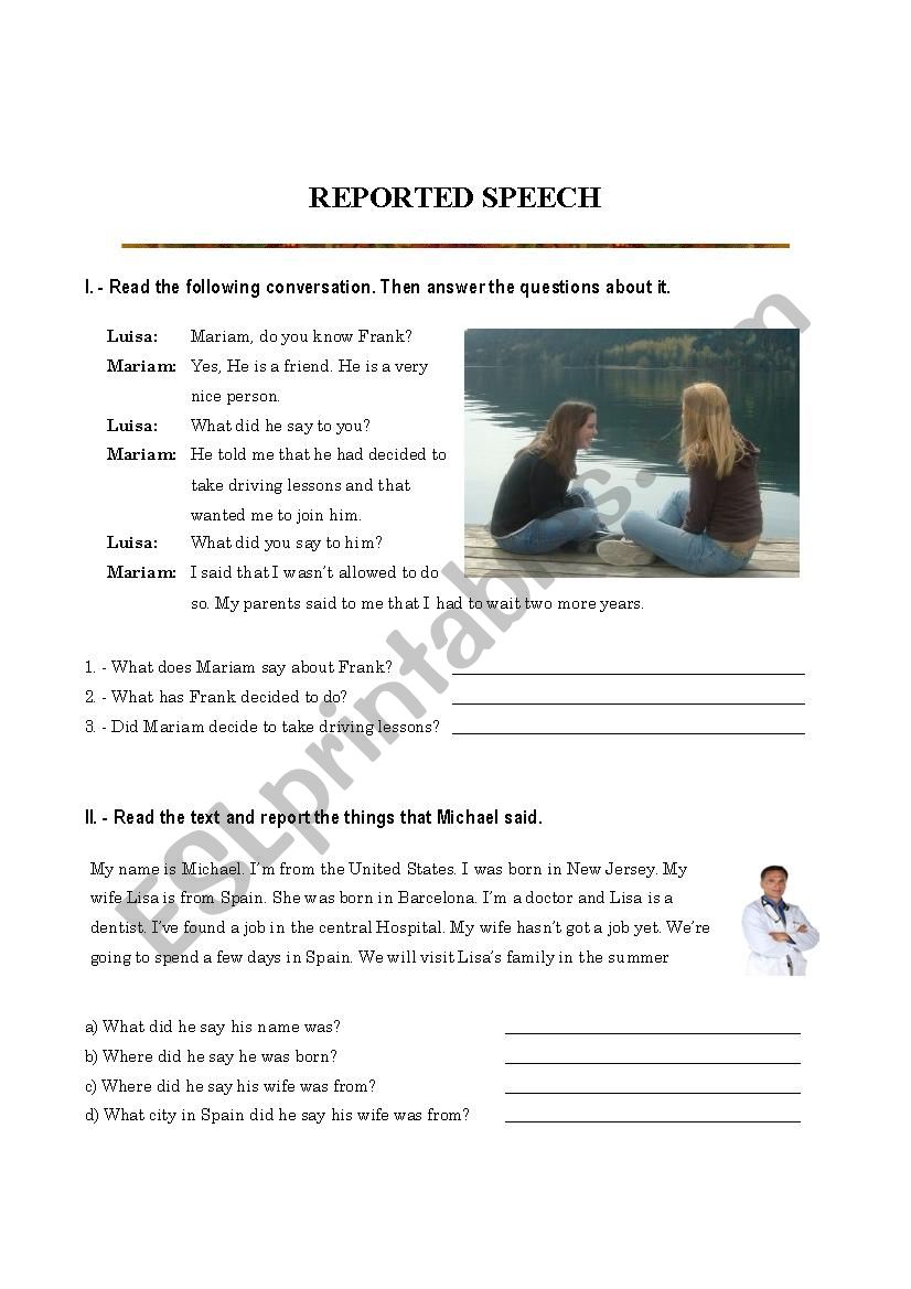 REPORTED SPEECH worksheet