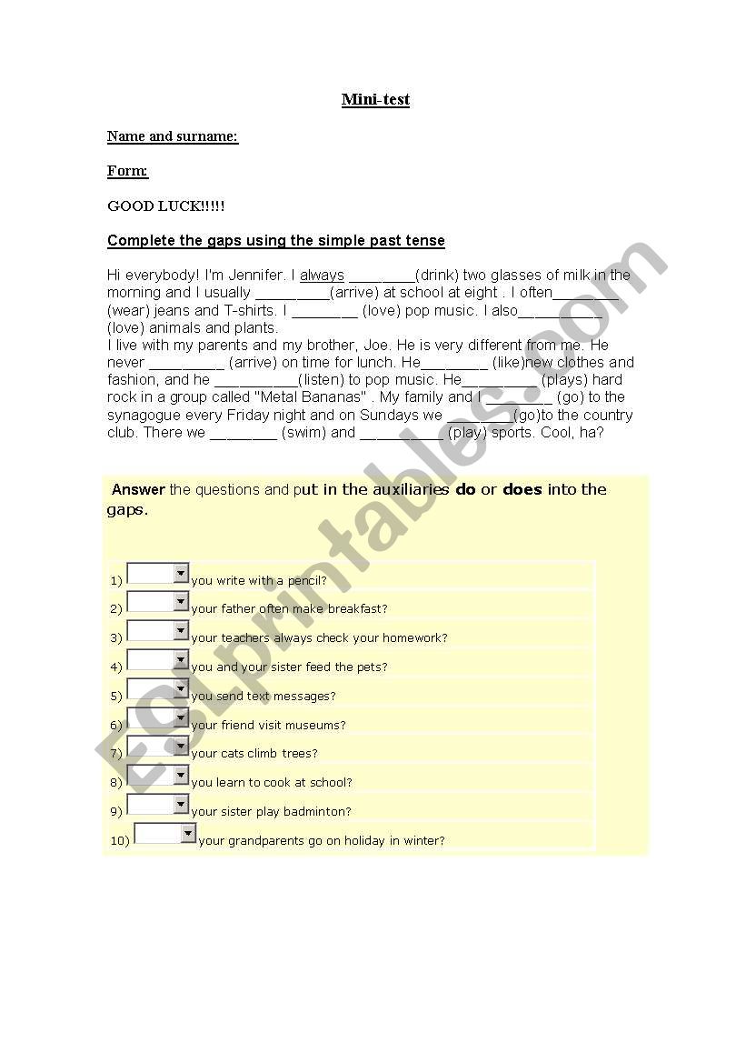 mini test on simple present worksheet