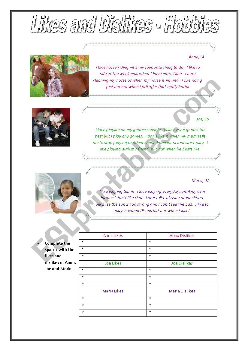 Likes and Dislikes - Hobbies worksheet