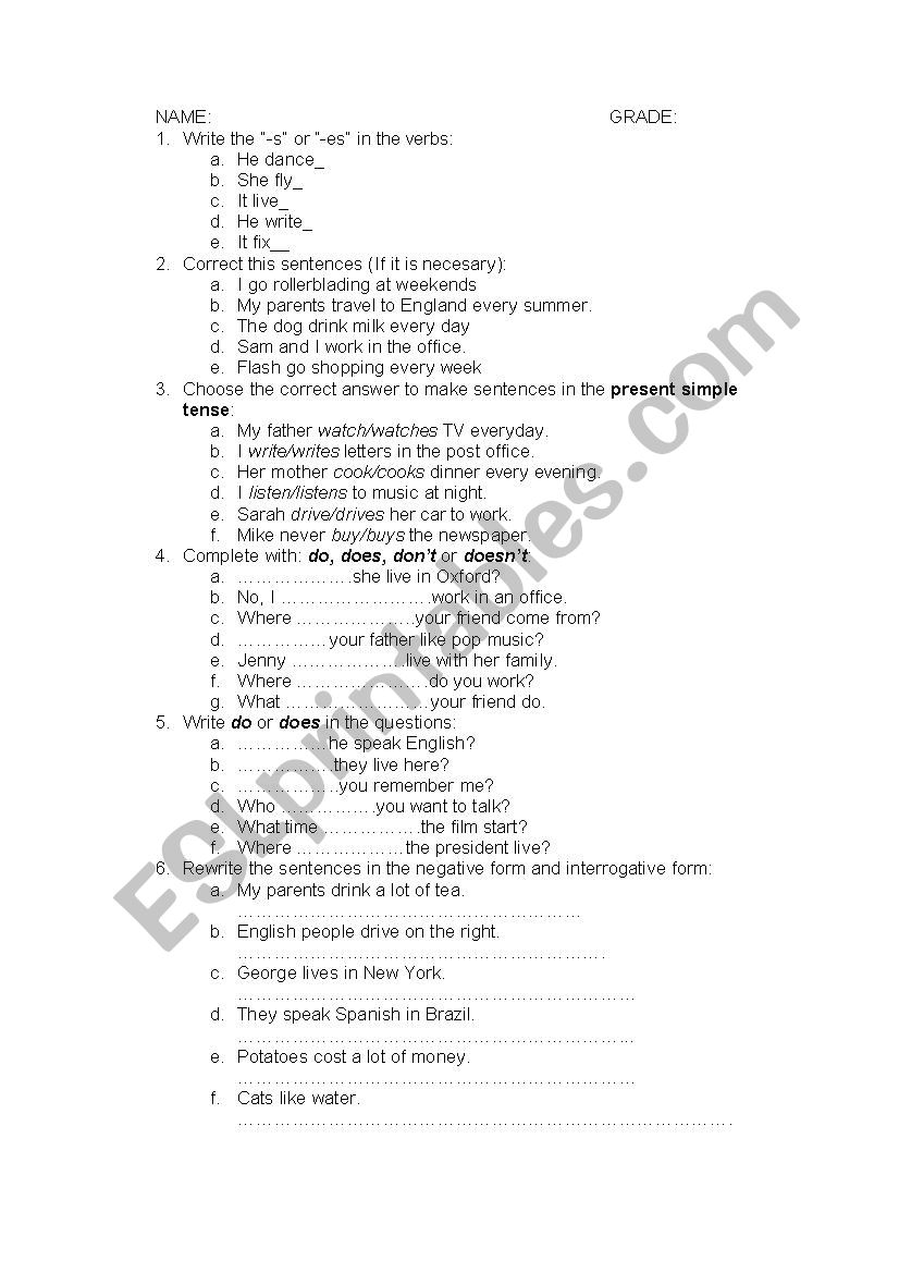 Present Simple 2nd ESO worksheet