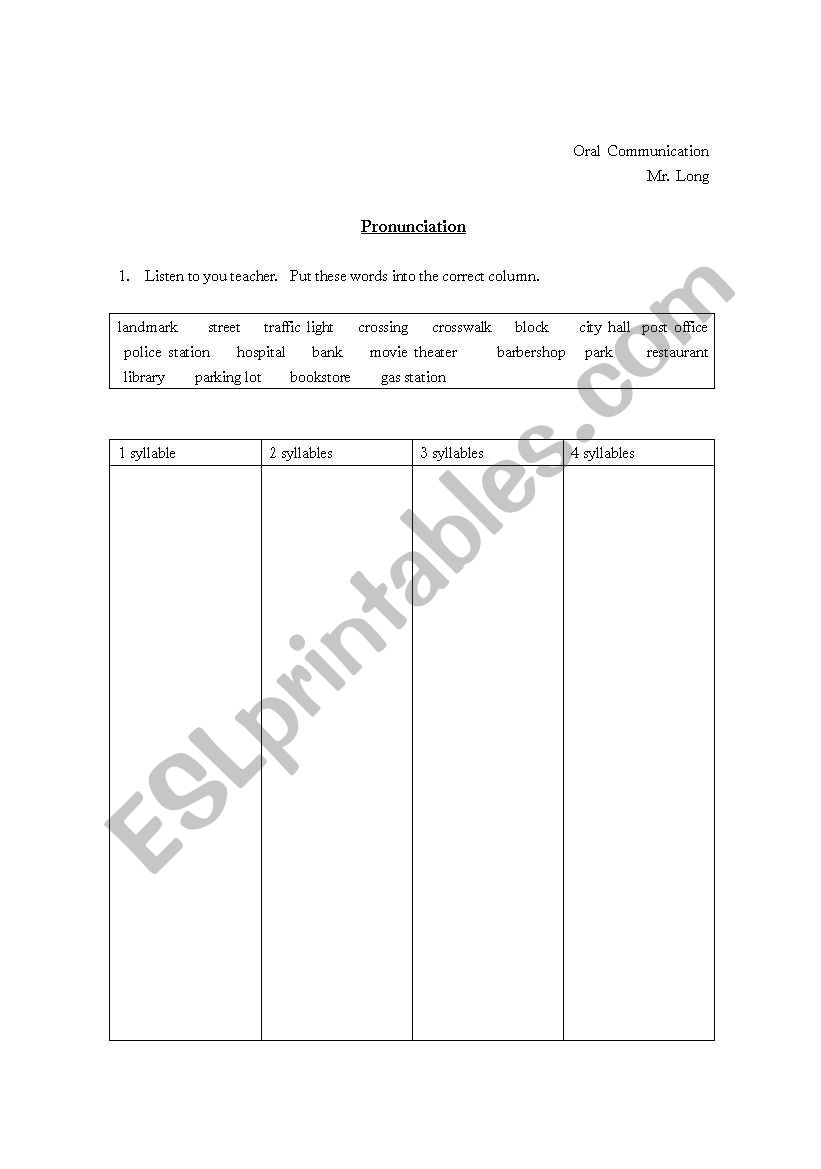 town places pronunciation. worksheet