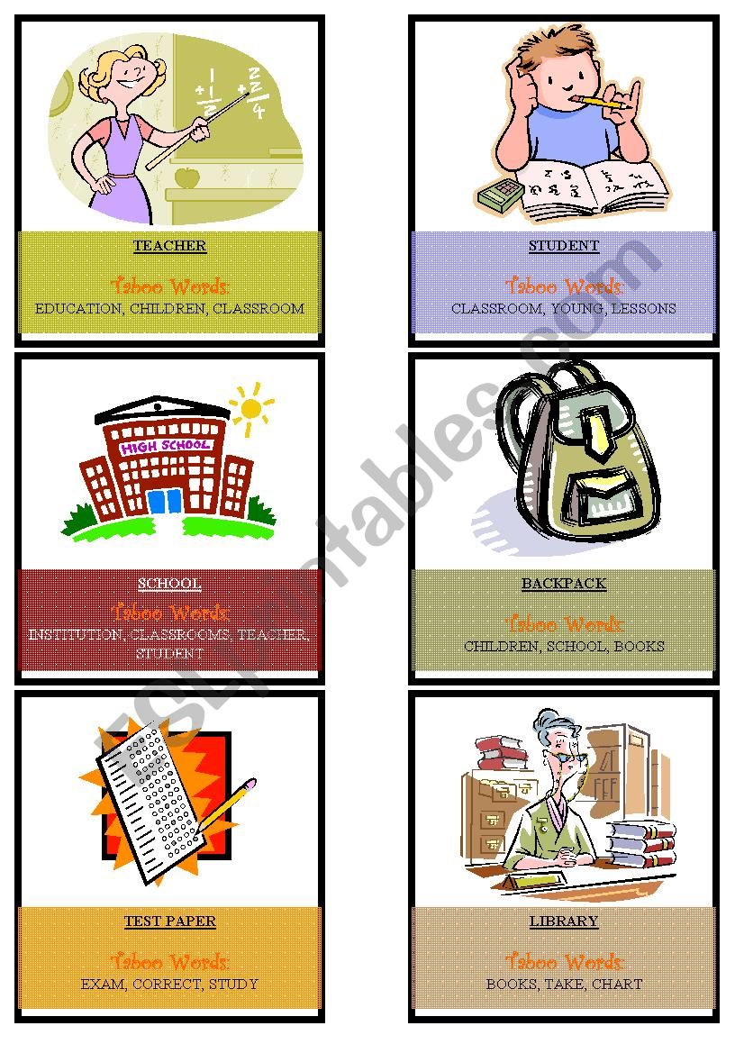 School Taboo Cards worksheet