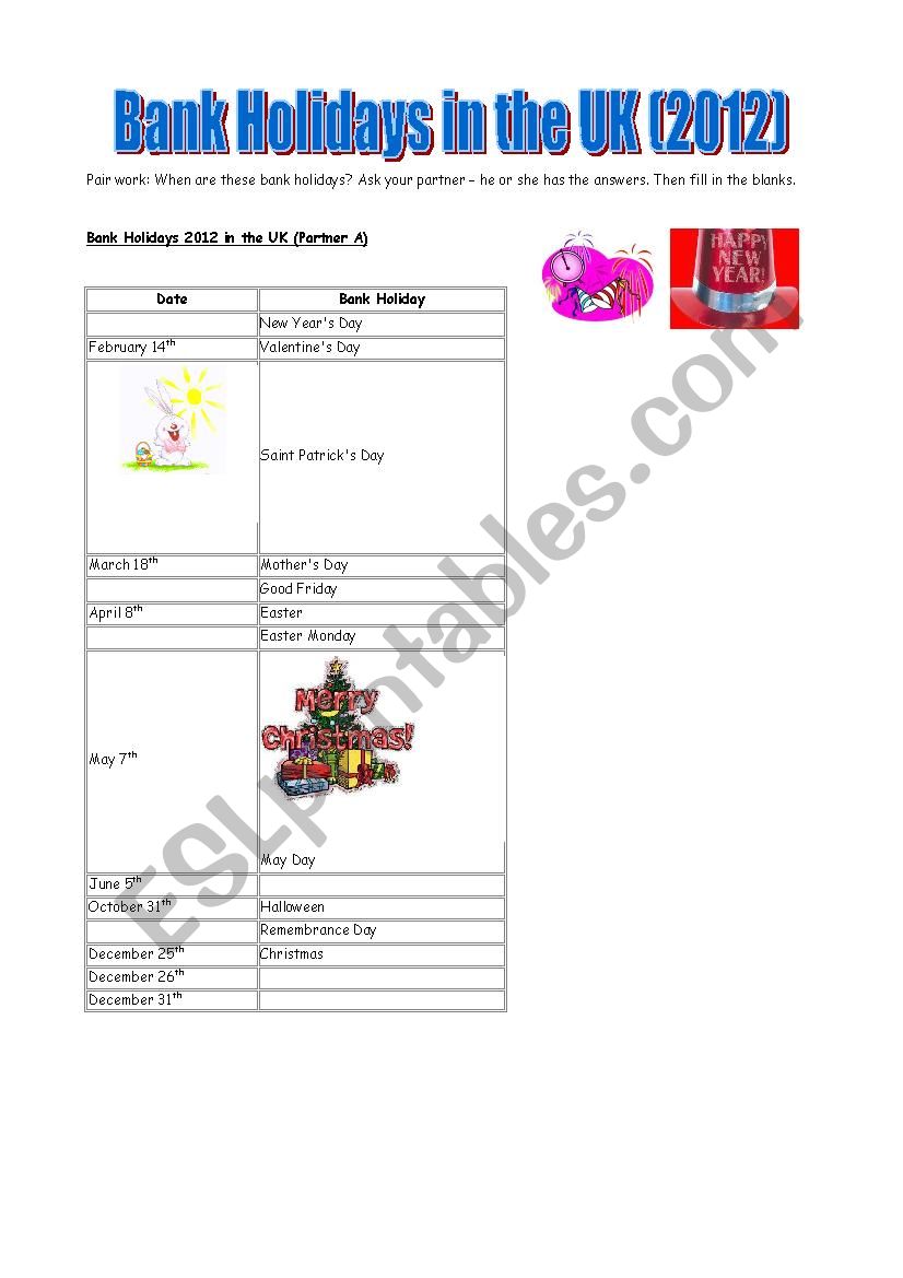 pairwork bank holidays worksheet