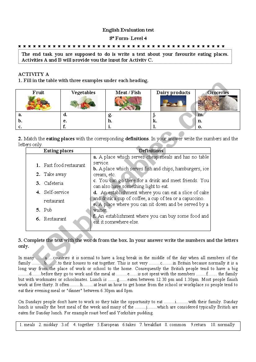 Eating places worksheet