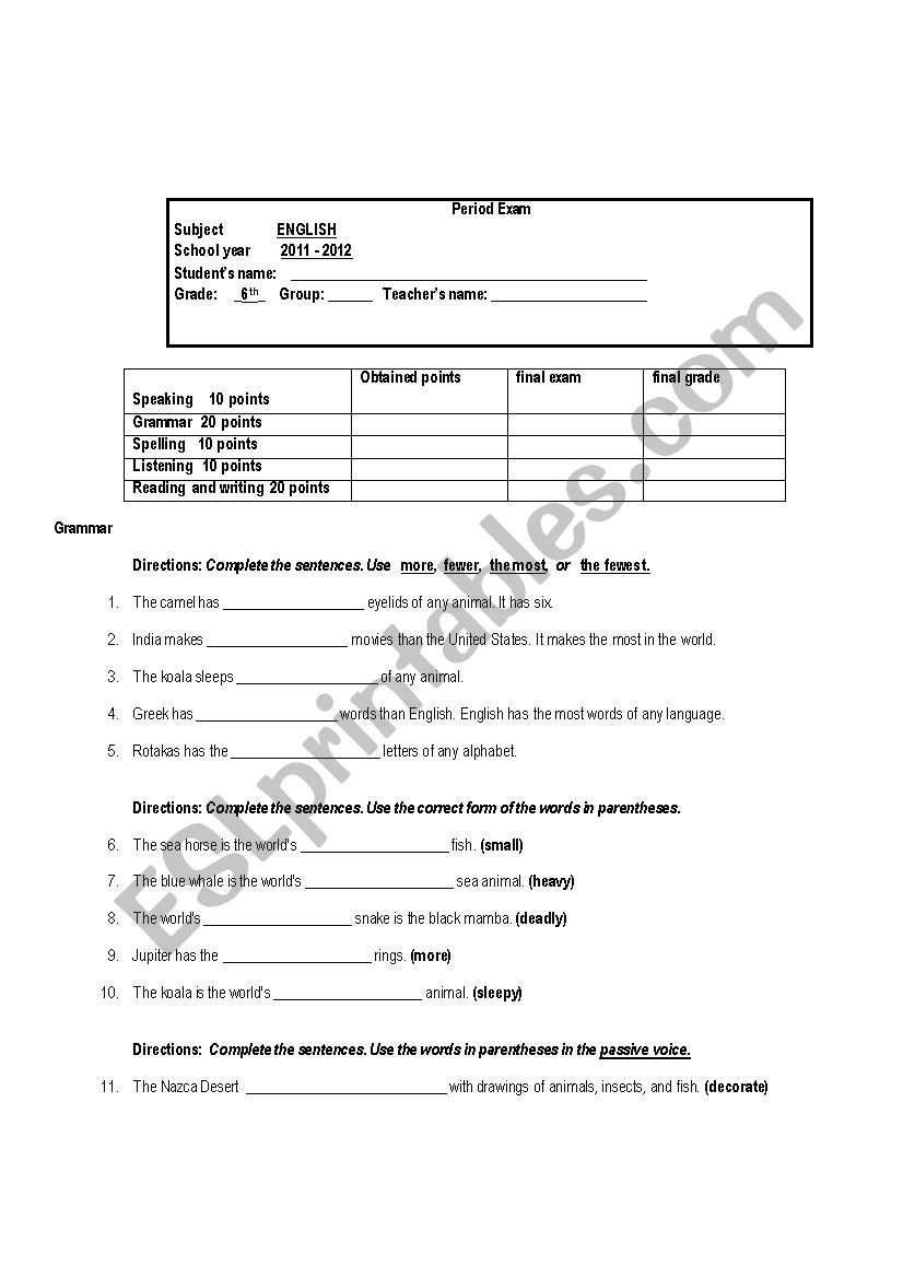 Partial Exam for kids worksheet