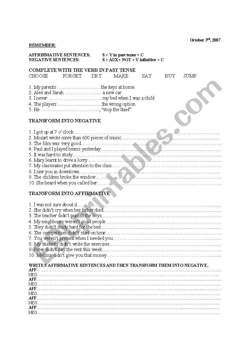 past simple tense worksheet