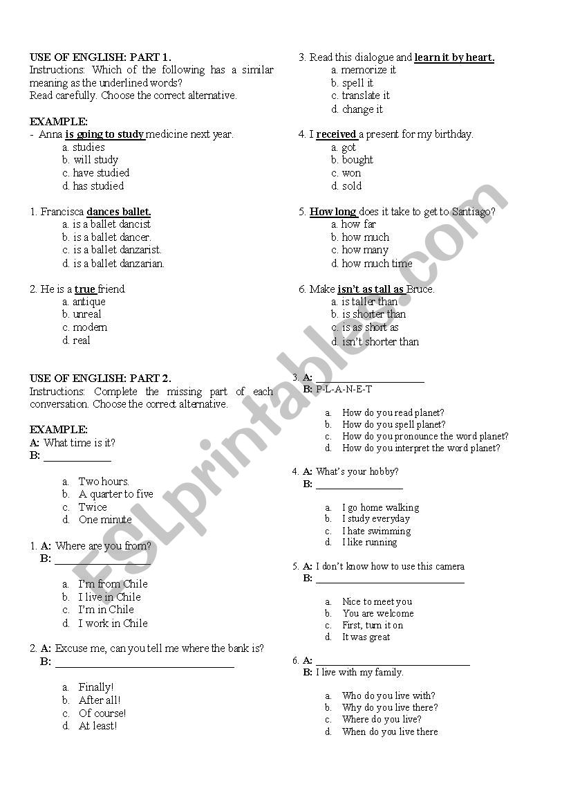 Use of English worksheet