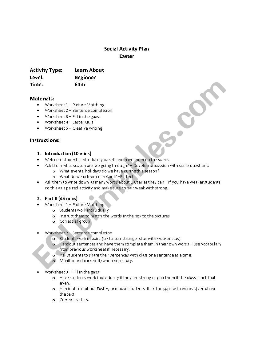 Easter Lesson Plan worksheet