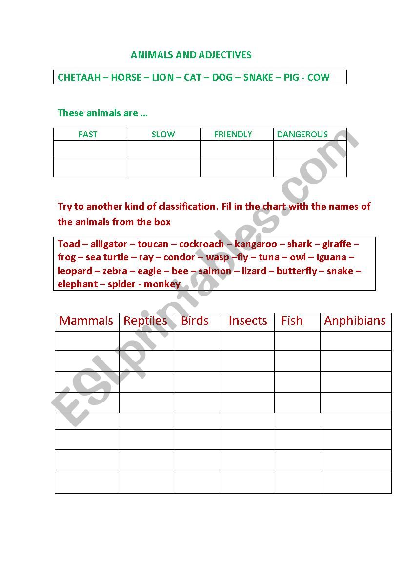 animals and adjectives worksheet