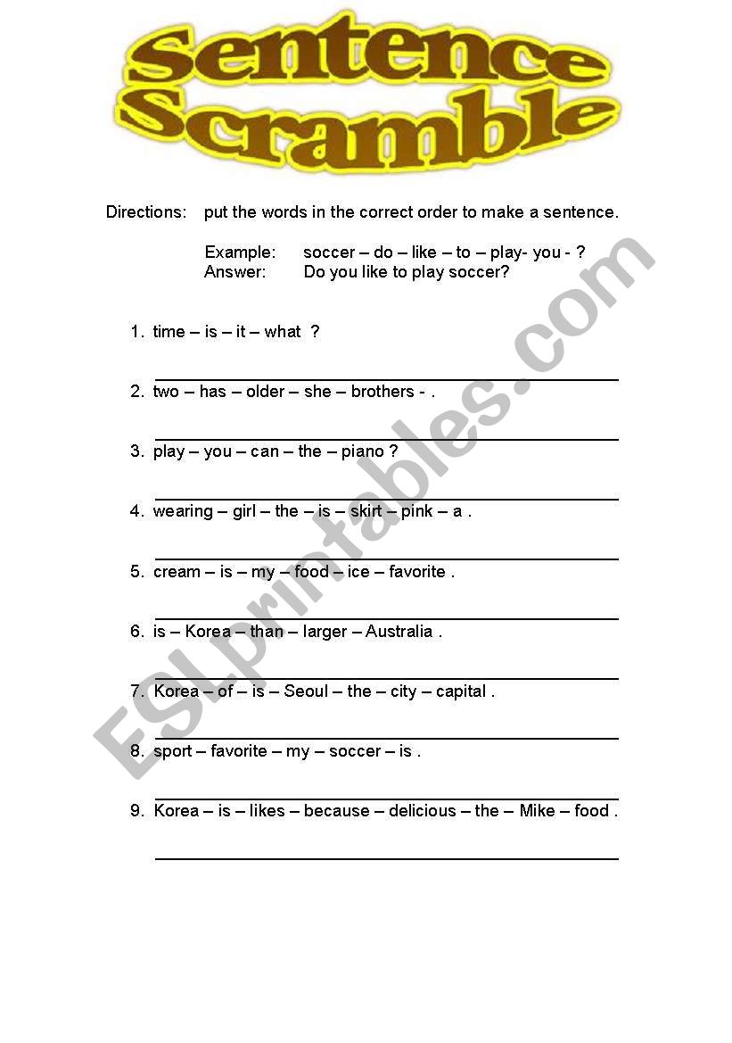 Elementary Sentence Scramble worksheet