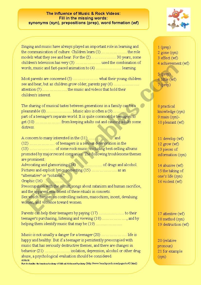 Influence of music: word formation, synonyms, prepositions