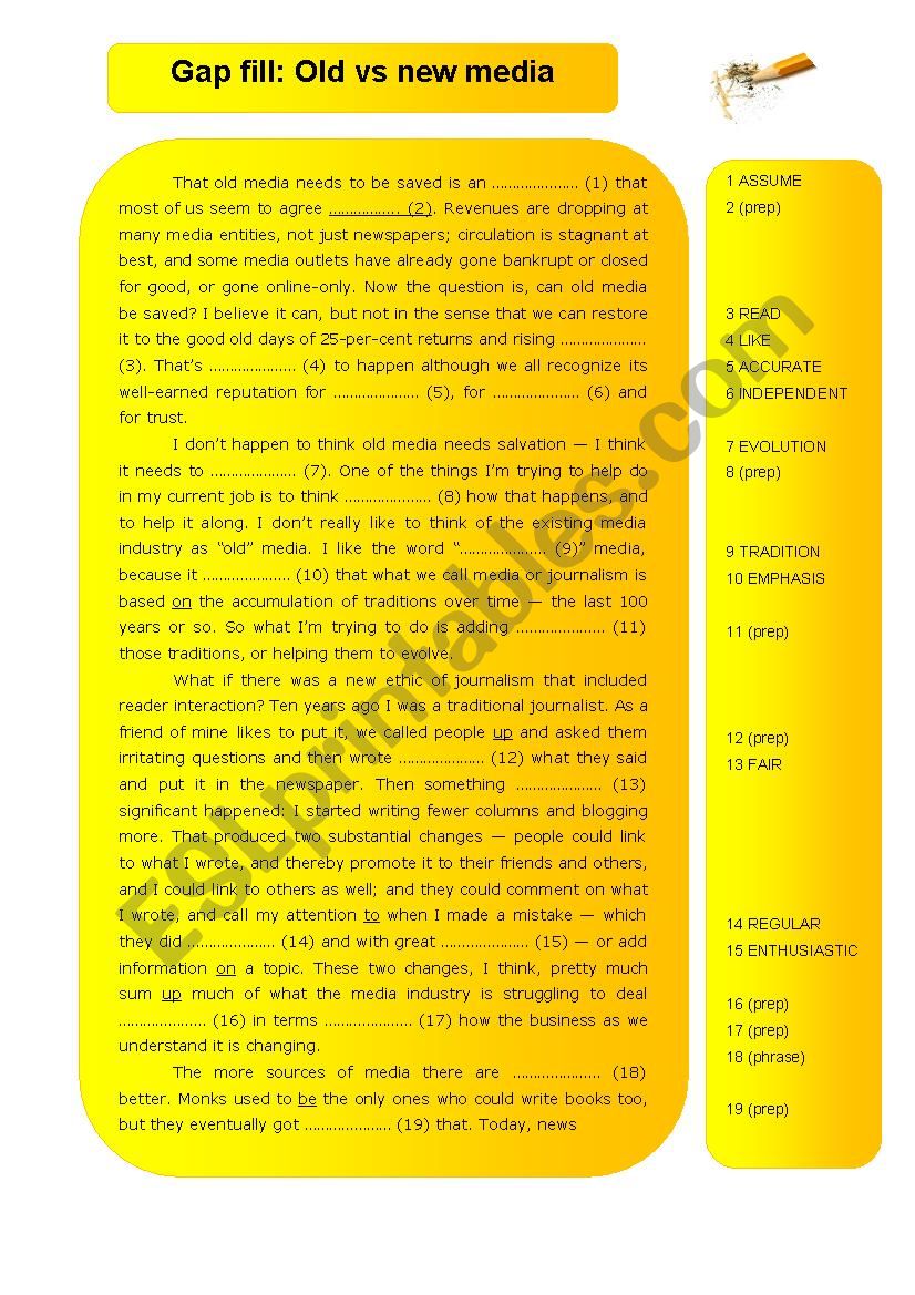 media - old versus new media worksheet