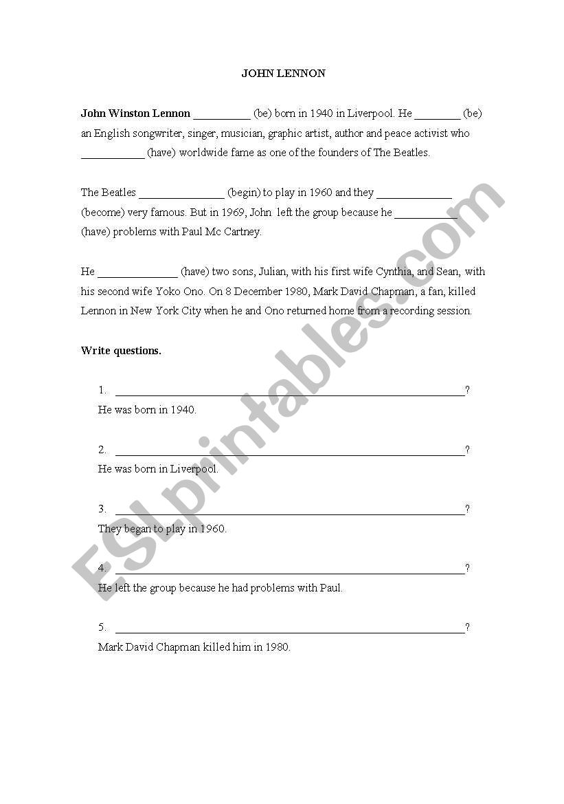 John Lennon worksheet