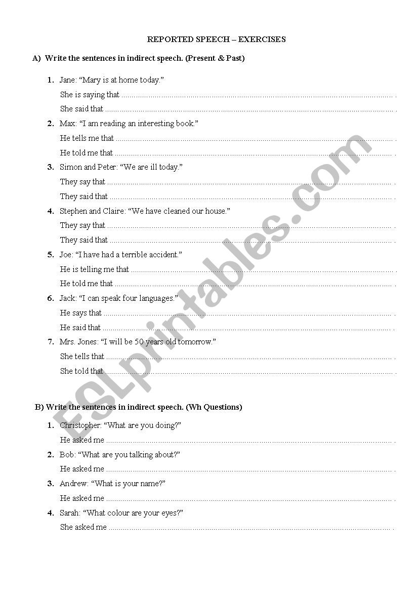 Reported Speech  worksheet