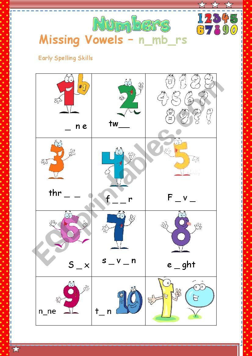 Missing Vowels  Numbers  worksheet