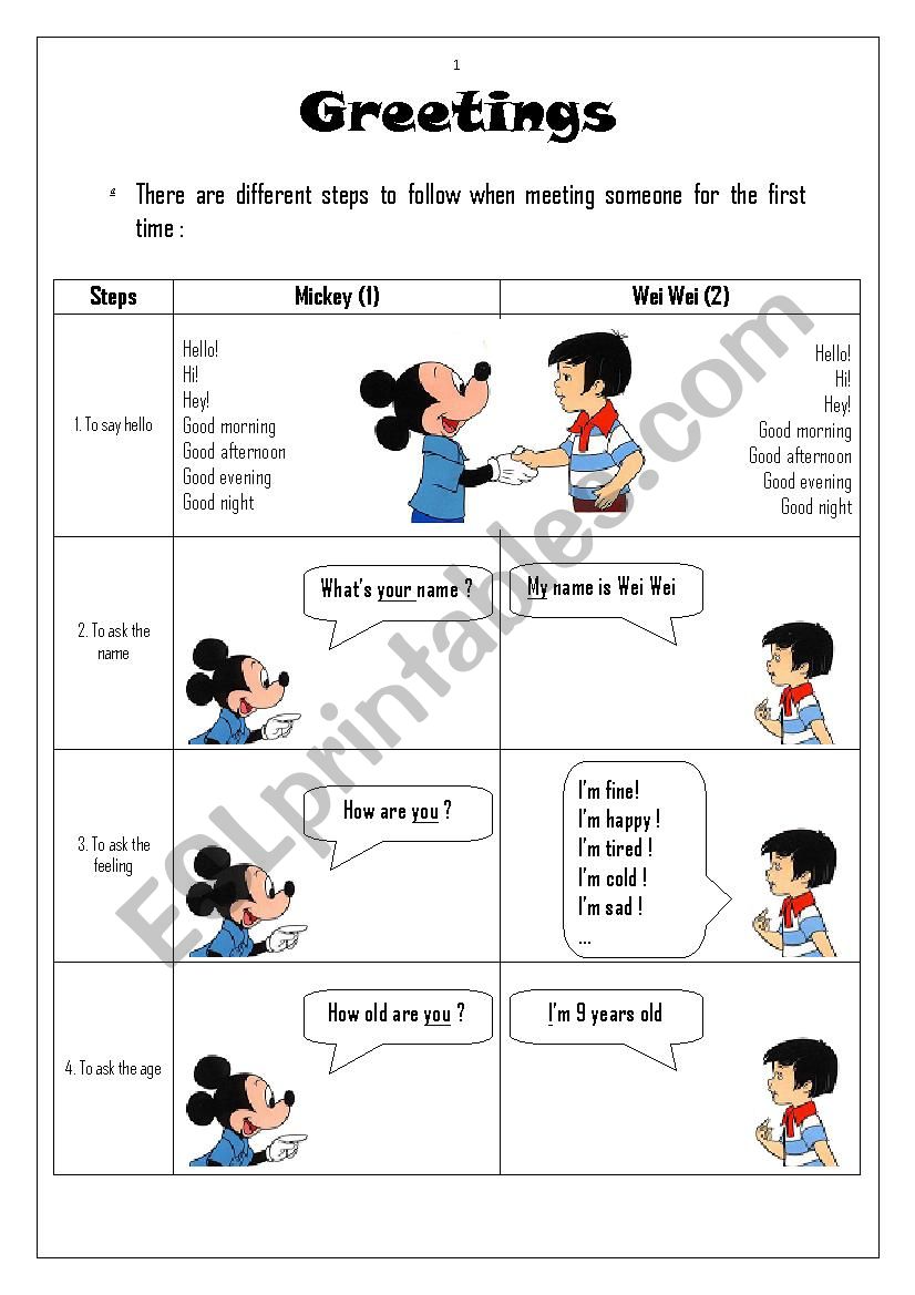 Greetings dialgue with Mickey worksheet