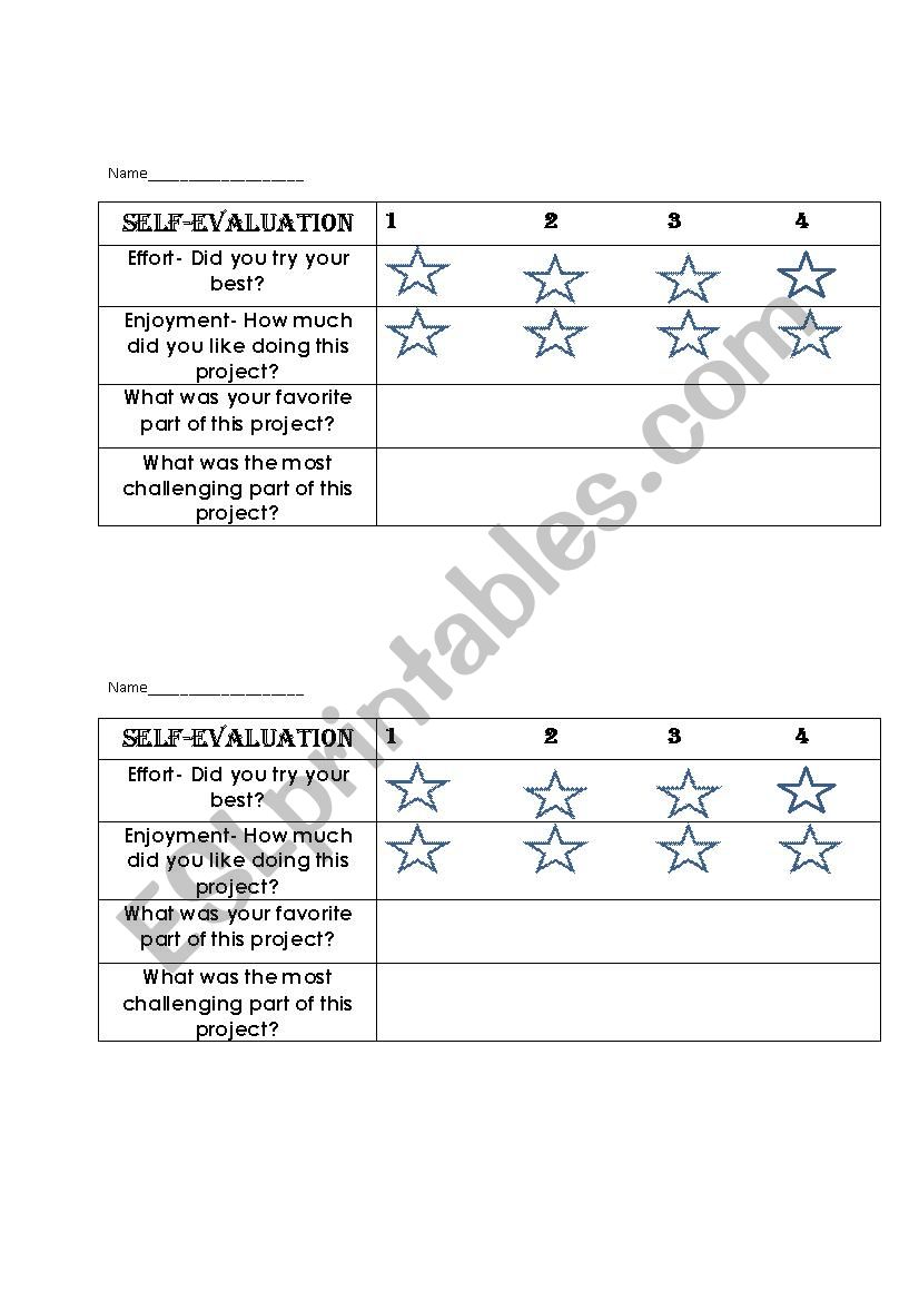 Self Evaluation for Students worksheet