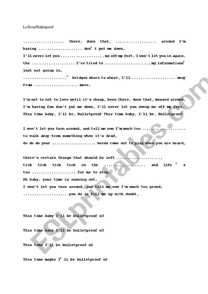 La Roux/Bullet Proof Song Worksheet