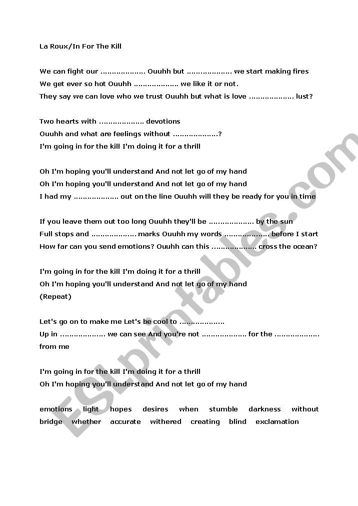 La Roux/Going In For The Kill Song Worksheet