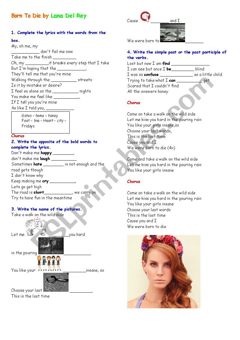 Born to die  worksheet