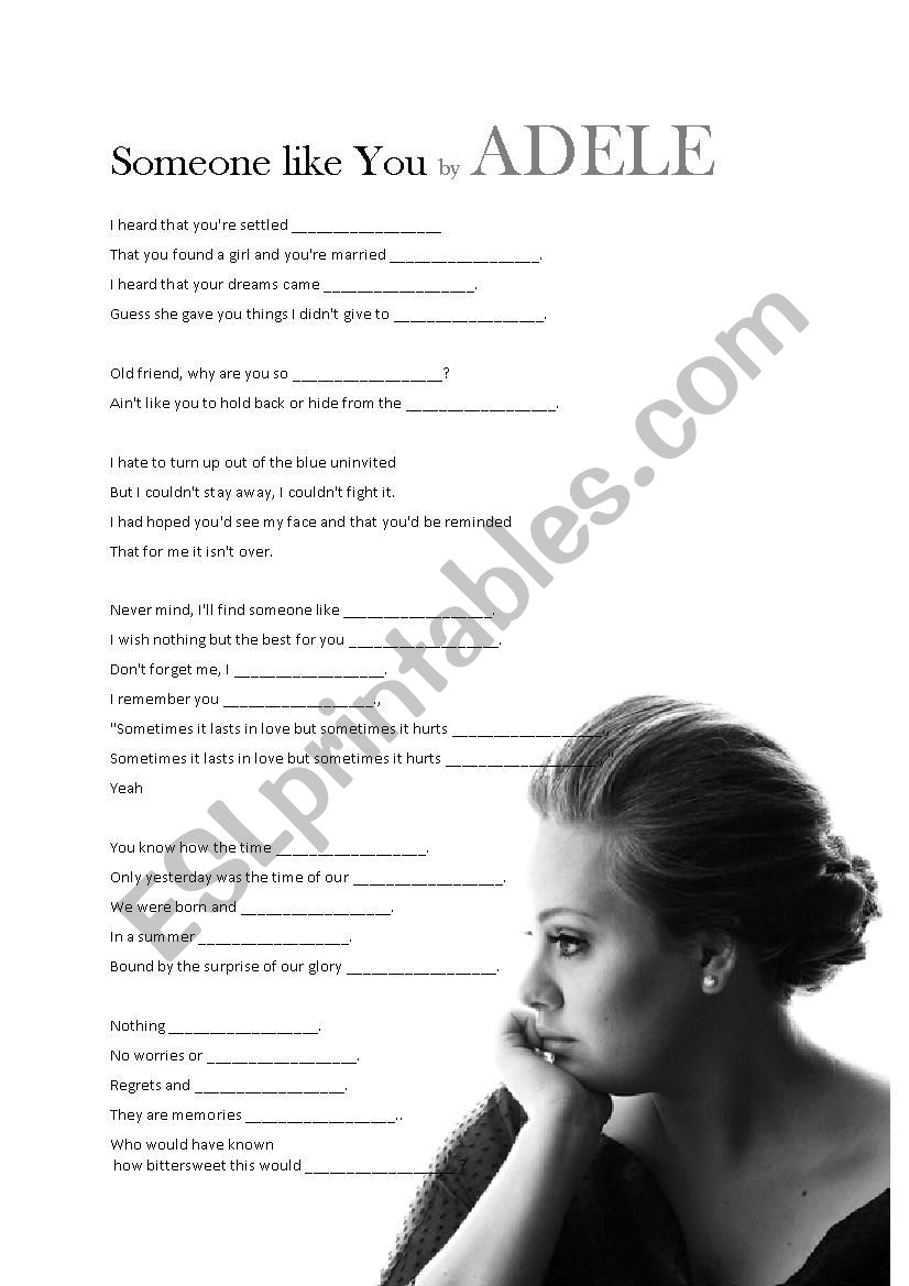 Song Lesson Someone Like You By Adele Esl Worksheet By