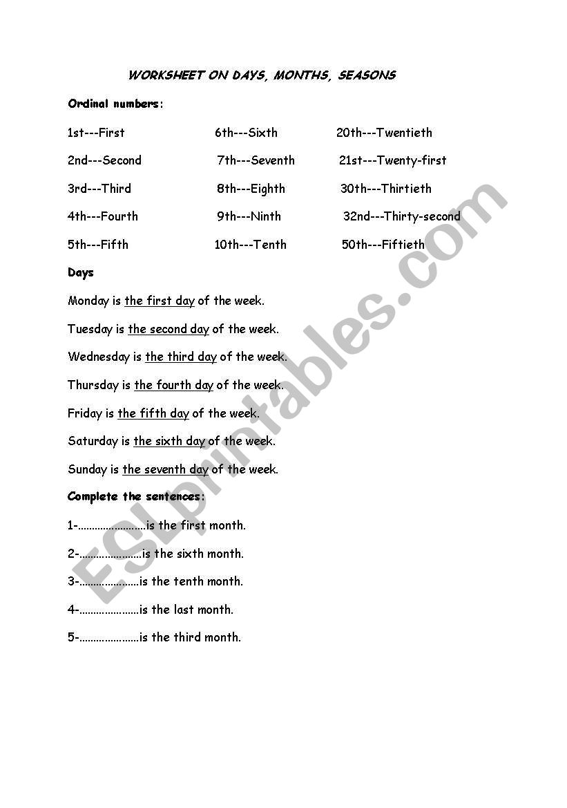 WORKSHEET ON DAYS, MONTHS, SEASONS