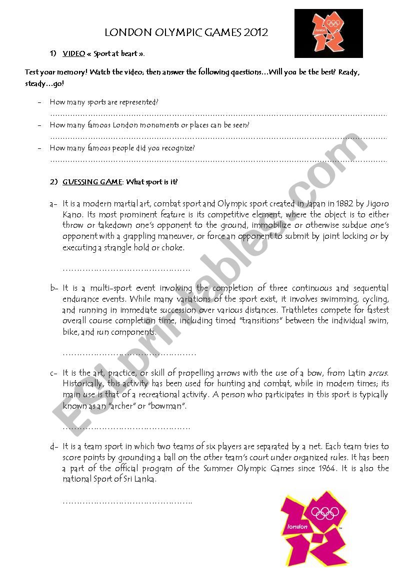 London Olympic games 2012 worksheet