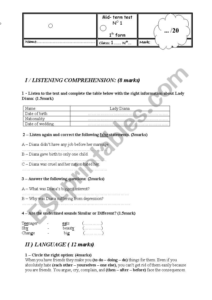 First year test worksheet