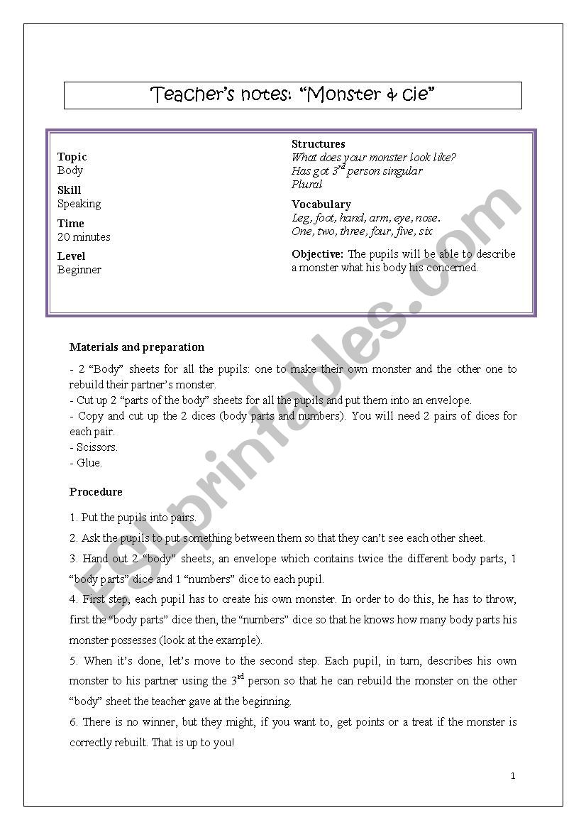 Monster&cie (part 1) worksheet