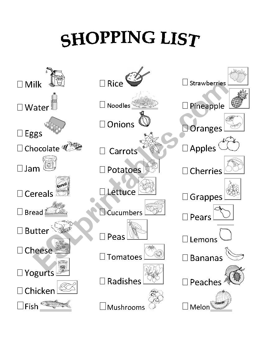 shopping list worksheet