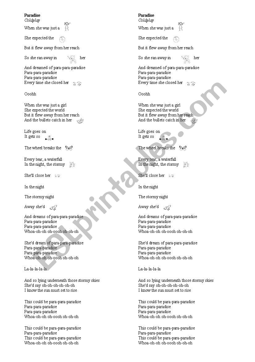 Paradise (Coldplay) worksheet