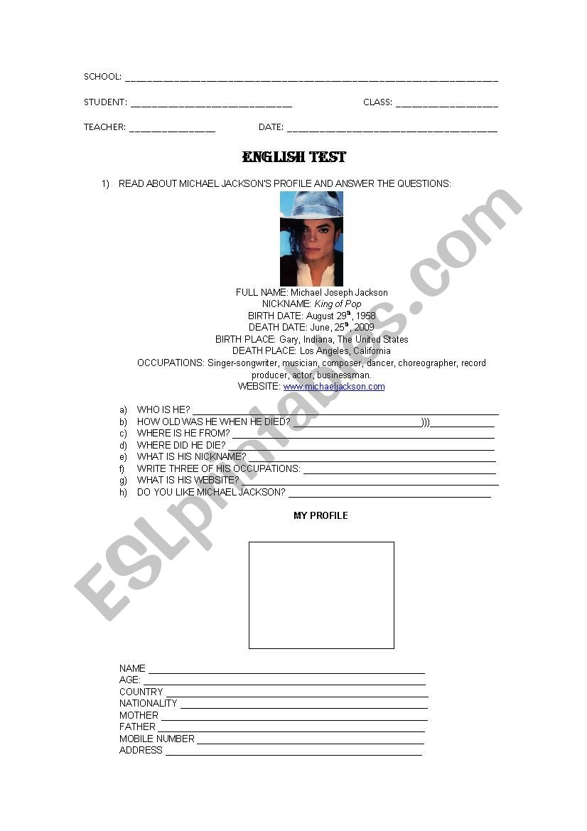 ENGLISH TEST - PROFILE worksheet