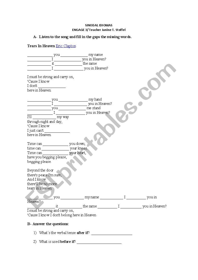 Second Conditinal Song worksheet