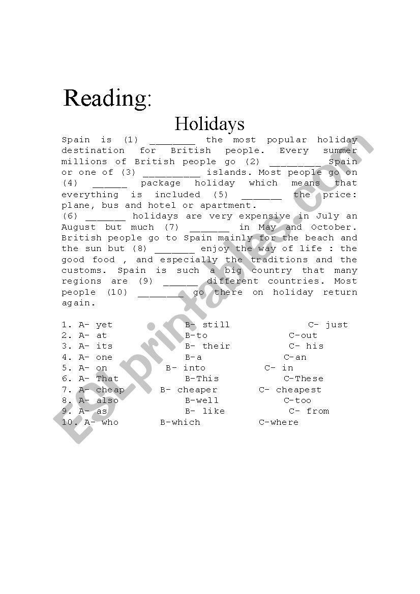 reading close test worksheet