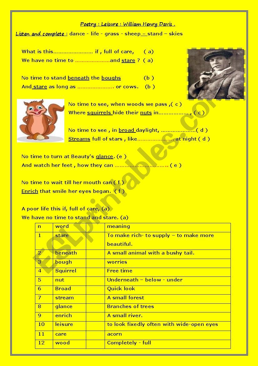 leisure worksheet