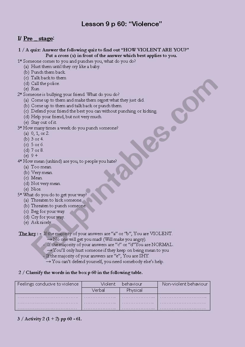 HOW VIOLENT ARE YOU ? worksheet