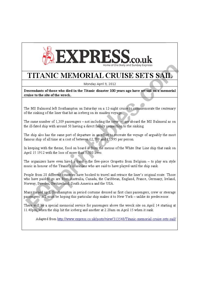 TITANIC MEMORIAL CRUISE worksheet