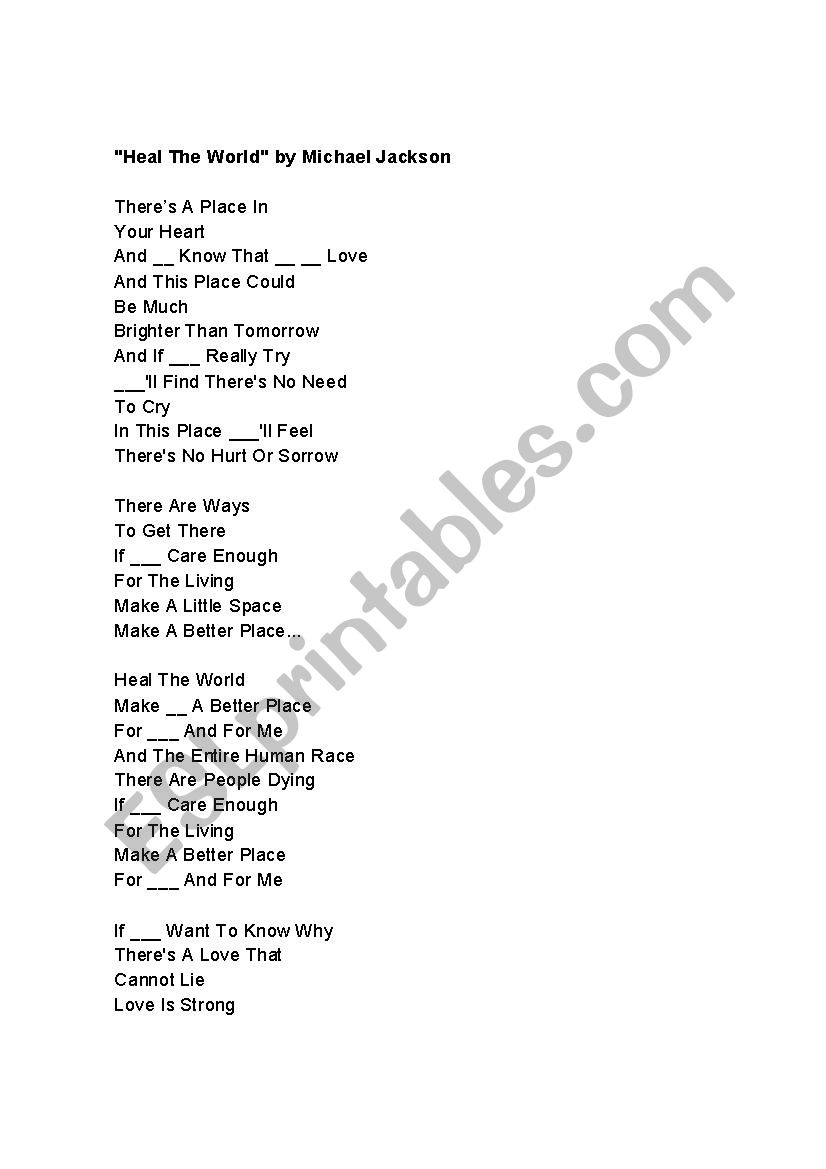 English Worksheets Heal The World lyrics english-worksheets-heal-the-world-lyrics