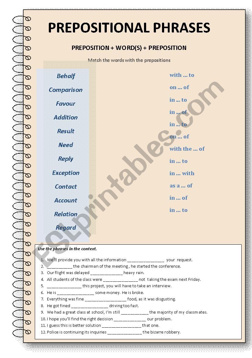 Prepositional Phrases worksheet