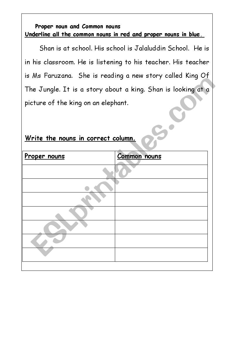 proper noun and common noun worksheet