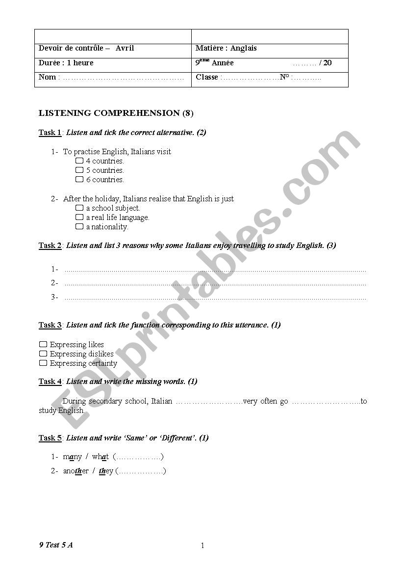 9 Form Test 5 A worksheet